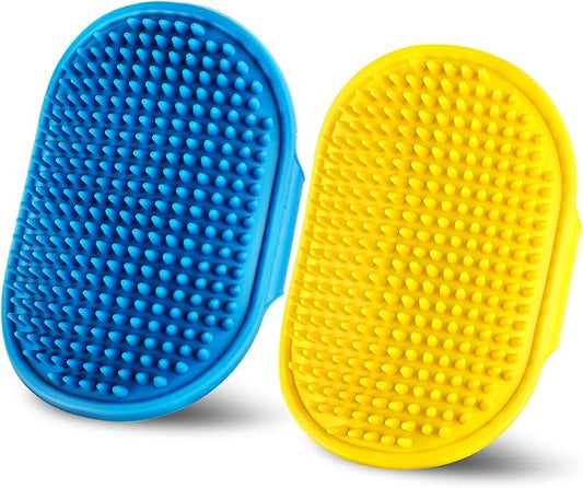 Dog Bath Brush | Dog Grooming Brush, Dog Shampoo Massage Bath Brush Comb with Adjustable Loop Handle for Grooming Short and Long Hair Cats and Dogs, 2pcs(Tapered Brush Head, Blue+Yellow)