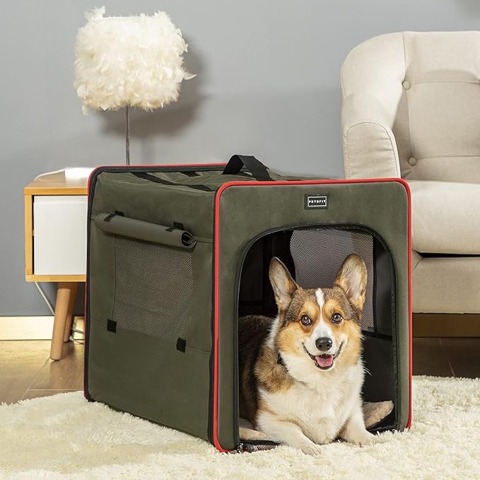 PETSFIT Portable Dog Crate, Collapsible Dog Crate - 24 Inch with Thicken Mat, Easy to Fold, Sturdy and Portable, Perfect for Traveling, Soft Dog Kennel Army Green