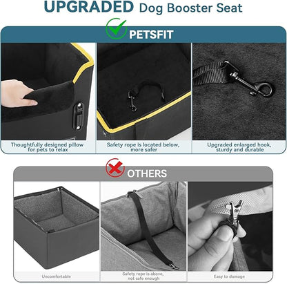 PETSFIT Small Dog Car Seat, Portable Car Saet for Dogs with Patent Safe Buckles, Clip-On Leash, Suitable for Small Pets Up to 25lbs (Black)