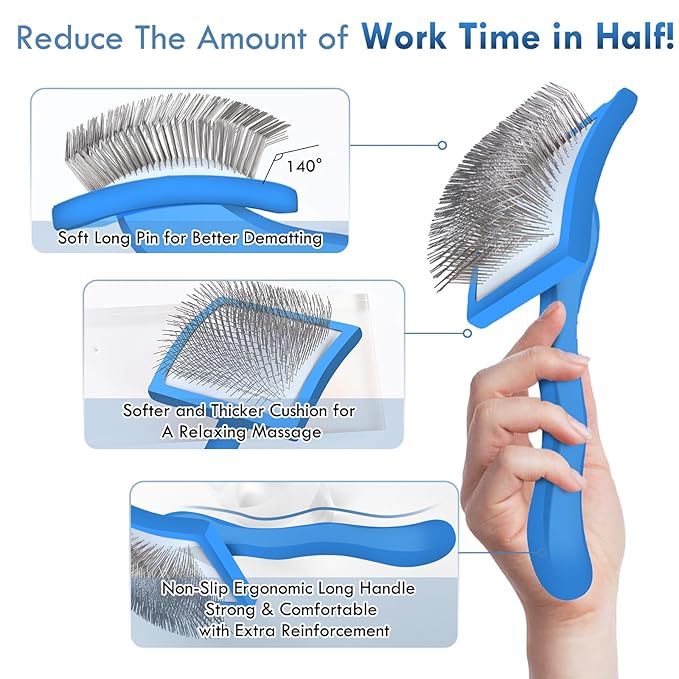 Blue Slicker Brush for Medium to Large Pets - Long Pin Grooming Tool Removes Loose Hair, Tangles and Knots, Includes Free Pet Comb