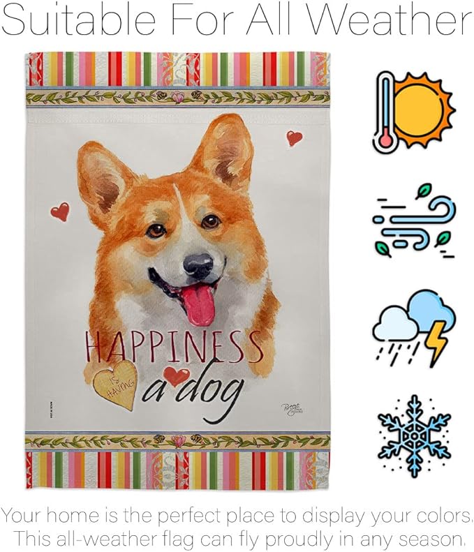Breeze Decor Fawn Corgi Happiness House Flag Pack Dog Puppy Spoiled Paw Canine Fur Pet Nature Farm Animal Creature Vintage Applique Banner Small Garden Yard Gift Double-Sided, Made in USA