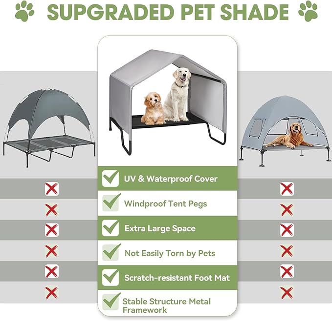Dog Shade Shelter Outdoor Tent for Large Medium Dogs, Outdoor Pet Tent Weatherproof, Outside Sun Rain Canopy Pet Houses with Elevated Dog Bed for Dogs, Small Animals and Livestock,3.4'x3.4'x3.2', Grey
