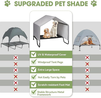 Dog Shade Shelter Outdoor Tent for Large Medium Dogs, Outdoor Pet Tent Weatherproof, Outside Sun Rain Canopy Pet Houses with Elevated Dog Bed for Dogs, Small Animals and Livestock,3.4'x3.4'x3.2', Grey