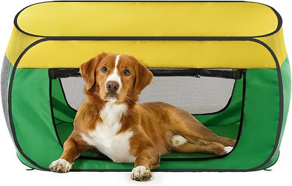 Travel Dog Crate Portable Dog Kennel for Small Dogs Pop Up Soft Dog Enclosure Indoor Outdoor for Medium Dogs Pets Foldable Crate（Green and Yellow-Medium）