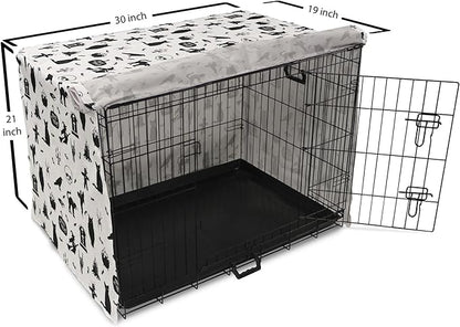 Lunarable Halloween Dog Crate Cover, Horror Pattern Tombstone Kitty Owl Voodoo Trick or Treat Pumpkin, Easy to Use Pet Kennel Cover for Cats & Medium Dogs, 30 Inch, Grey Black Charcoal