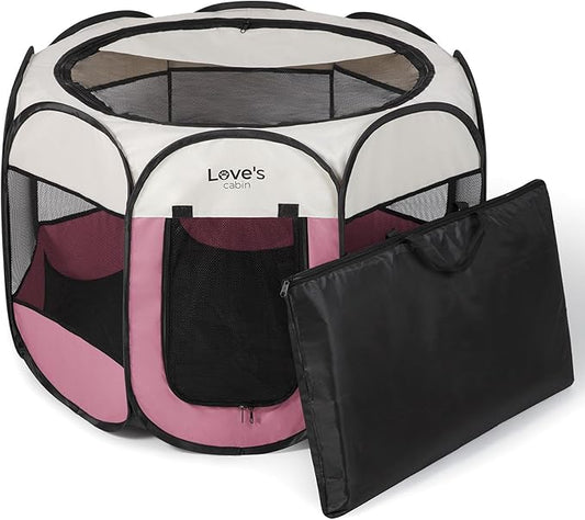 Love's cabin Pet Puppy Dog Playpen, Medium Dog Tent Crates Cage Indoor/Outdoor, Portable Playpen for Cat, Foldable Pop Up Dog Kennel Playpen with Carring Case, Removable Zipper Top, Pink