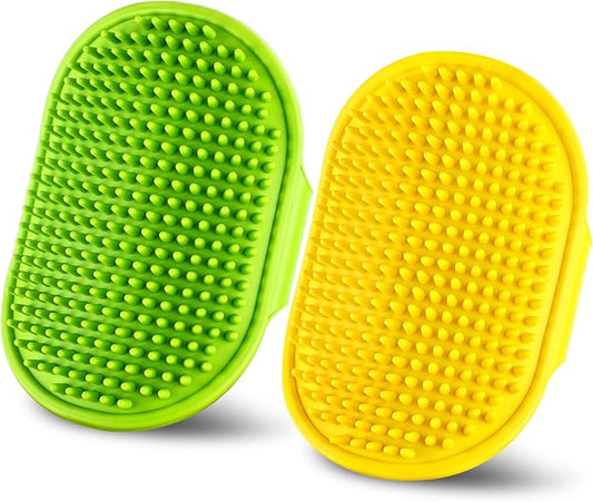 Dog Bath Brush | Dog Grooming Brush, Dog Shampoo Massage Bath Brush Comb with Adjustable Loop Handle for Grooming Short and Long Hair Cats and Dogs, 2pcs(Tapered Brush Head, Yellow + Green)