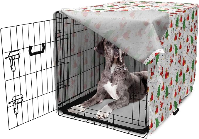 Ambesonne Christmas Dog Crate Cover, Xmas Santa Claus Tree on Colorful Polka Dot Backdrop Surprise Boxes Art, Easy to Use Pet Kennel Cover for Medium Large Dogs, 48 Inch, Green and Red