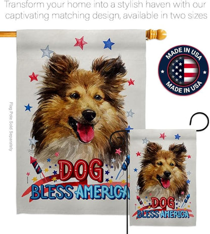 Breeze Decor Patriotic Shetland Sheepdog House Flag Pack Dog Puppy Spoiled Paw Canine Fur Pet Nature Farm Animal Creature Vintage Applique Banner Small Garden Yard Gift Double-Sided, Made in USA