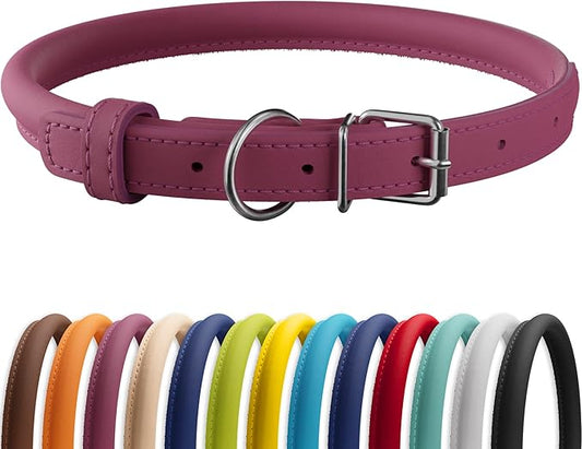 CollarDirect Rolled Leather Dog Collar, Soft Padded Round Puppy Collar, Handmade Genuine Leather Collar Dog Small Large Cat Collars 13 Colors (8-11 Inch, Pink Smooth)