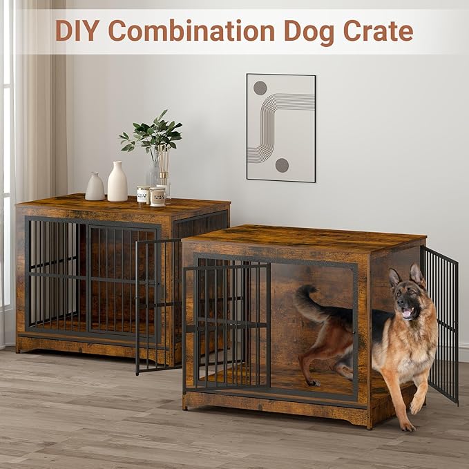 86 Inch Double Dog Crate Furniture with Divider, 4 Combination Forms Large Dog Kennel Furniture for 2 Dogs, Rustic Brown Corner Dog Kennel for Small Medium Large Dogs