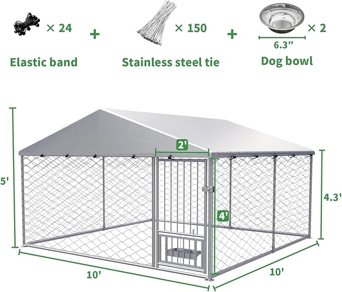Rovibek Dog Kennel Outside, Outdoor Dog Kennel with Roof, 10'×10' Puppy Enclosure Outside, Out-Side with 2 Stainless Steel Bowls and Waterproof Sun-Proof Cover