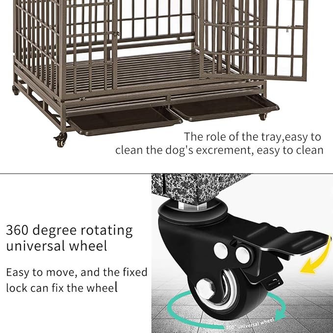 SMONTER Heavy Duty Dog Crate Strong Metal Pet Kennel Playpen with Two Prevent Escape Locks Large Dogs Cage with Wheels (Strengthen-42INCH, Brown)