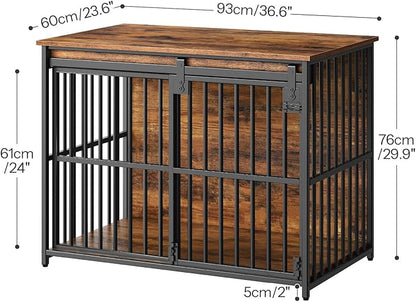 HOOBRO Dog Crate Furniture, 36.6" Heavy Duty Dog Kennel with Sliding Barn Door, Wooden Dog Cage Indoor, Decorative Side End Table for Small/Medium Dogs, Rustic Brown and Black FG162GW03G1