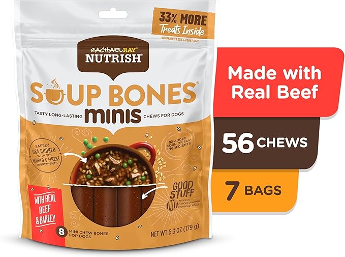 Nutrish Rachael Ray Soup Bones Minis Dog Chews with Real Beef & Barley, 8 Chews, 6.3 oz Pouch (Pack of 7)
