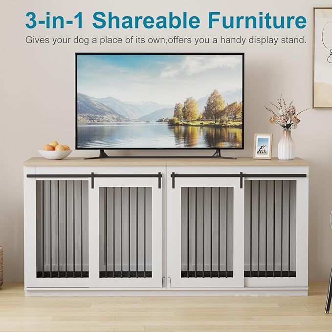 Large Dog Crate Furniture, Heavy Duty Dog Kennel with Divider - TV Stand & Farmhouse End Table