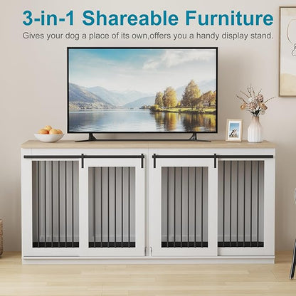 71'' Dog Crate Furniture for 2 Dogs, Wooden Double Dog Crate Large Breed with Cushion, XXL Indoor Dog Kennel Tv Stand End Table with Divider for Large Medium Dogs