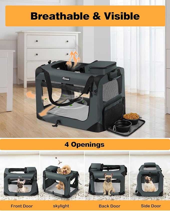 Extra Large Dog Crate with 2 Foldable Bowl, 40 Inch Collapsible Travel Dog Crate Kennel with Soft Blanket for Medium Dogs,Indoor & Outdoor (40" L x 27" W x 27" H, Grey)