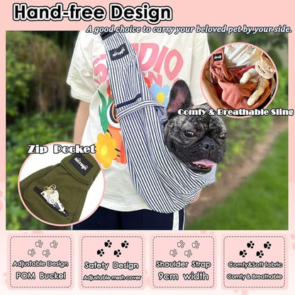 NATUYA Pet Dog Sling Carrier - Dog Sling with Net Bag for Carrier Dogs Cats-Hands Free Pet Bag-Buckle net Pocket pet Bag (Blue Strips)
