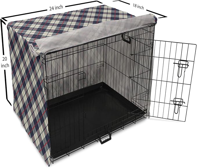 Lunarable Plaid Dog Crate Cover, Celtic Fashion Diagonal Retro Style Classical Irish Culture Inspiration, Easy to Use Pet Kennel Cover for Cats & Medium Dogs, 24 Inch, Night Blue Red Beige