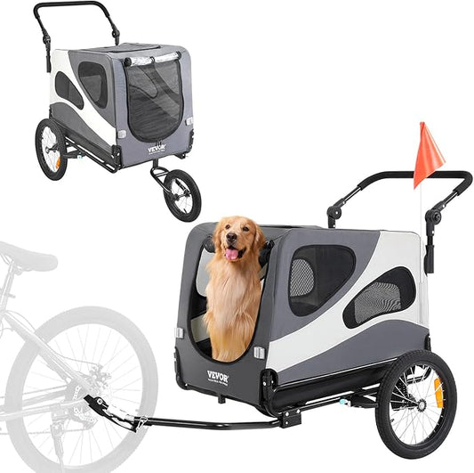 VEVOR Dog Bike Trailer, Supports up to 66/88/100 lbs, 2-in-1 Pet Stroller Cart Bicycle Carrier, Easy Folding Cart Frame with Quick Release Wheels, Universal Bicycle Coupler, Reflectors, Flag