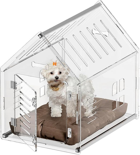 Sumerflos Acrylic Dog House, 24" L x 18" W x 23" H Clear Dog Crate, Modern Indoor Dog Kennel Lockable Ventilated for Most Small Dog Cat Pet
