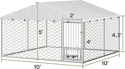 10x10 ft Dog Kennel Outdoor - Outside Dog Kennel with Roof, Large Outdoor Kennel with Rotating Feeder Bowls, Covered Dog Run Kennel for Large Dogs
