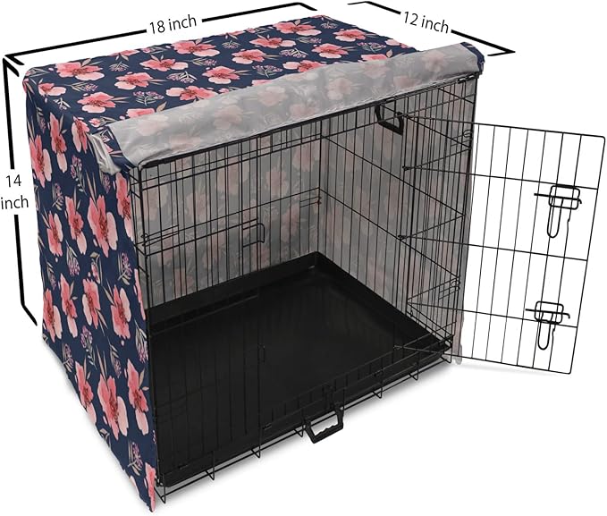 Ambesonne Watercolor Dog Crate Cover, Nature Inspired Composition with Pink Garden Flora Vintage Petals, Easy to Use Pet Kennel Cover for Small Dogs Puppies Kittens, 18 Inch, Navy Blue Coral