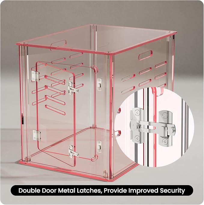 Sumerflos Acrylic Dog Crate Furniture - Clear Pink Dog Kennel End Table for Small Dog Cat Pet, Indoor Lockable End Table Dog Crate Ventilated See-Through, 23.6" L x 17.7" W x 20.0" H