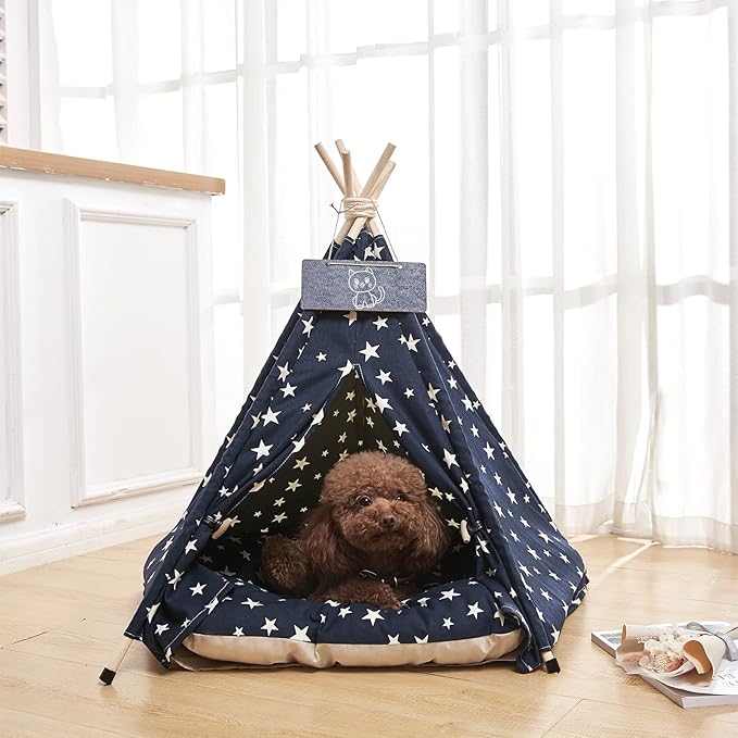 Pet Teepee Tents, 24 Inch Portable Indoor Dog Teepee Bed with Thick Cushion, Washable Navy Blue Stars Pattern Teepee Tent House for Puppy & Cat