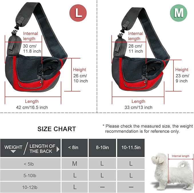 Pet Dog Sling Carrier, Breathable Mesh Adjustable Puppy Sling Carrier Hand Free for Medium Dog Cat Rabbit, L, Red