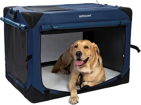Pettycare 36 Inch Collapsible Dog Crate with Curtains Travel Dog Crate for Airflow and Calm Soft Pet Kennel with Portable Bag and More Chew Proof Mesh Indoor & Outdoor Navy Blue 4 Door Curtains
