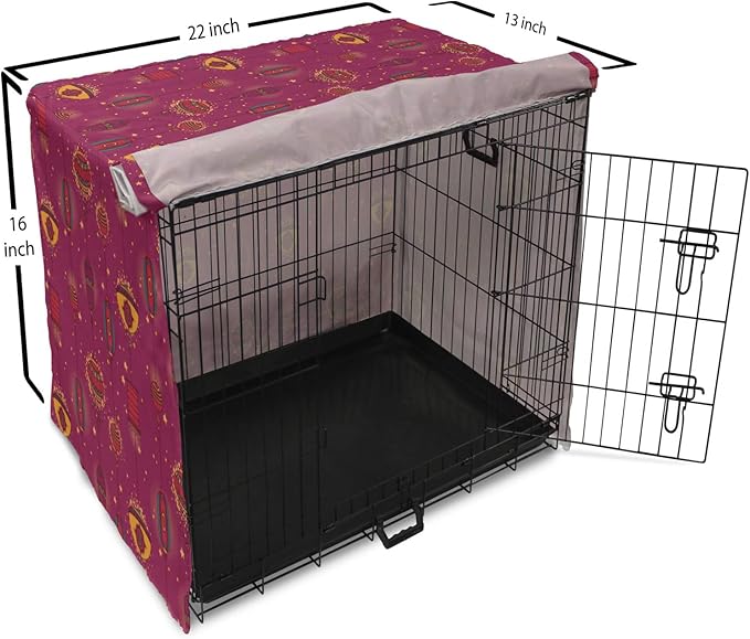 Lunarable Folkloric Dog Crate Cover, Cultural Inspirations Oriental Party Celebration Art Traditional Design, Easy to Use Pet Kennel Cover for Small Dogs Puppies Kittens, 22 Inch, Magenta and Yellow