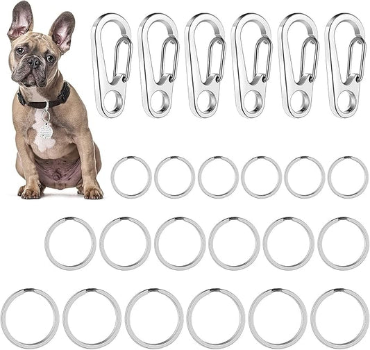 TIESOME Dog Tag Clips with Rings, 6 PCS Dog ID Tag Clips 18 PCS Tag Rings Stainless Steel Pet Tag Clip Easy Change Dog ID Tag Holder Quick Release for Dog Cat Collar and Harness 1.3 x 0.6 in