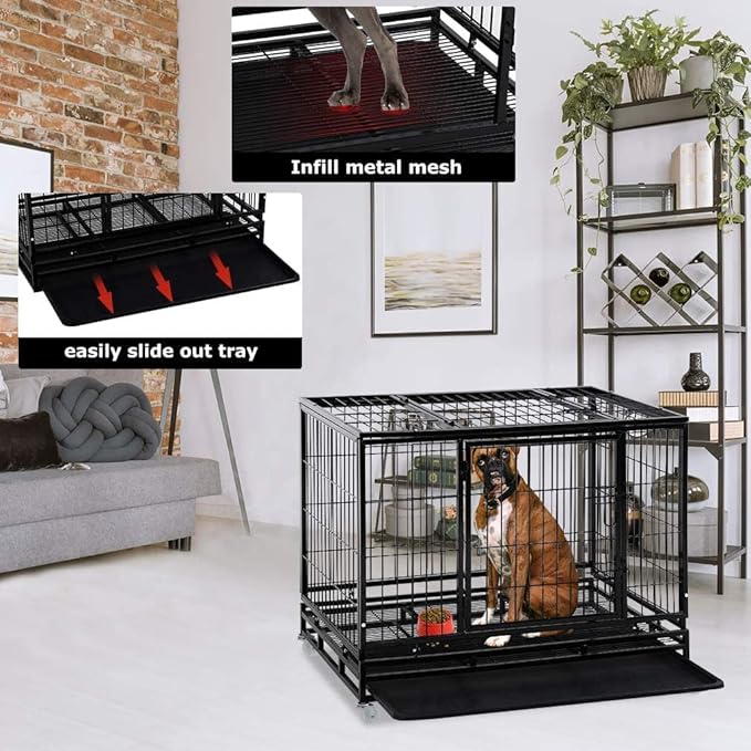 FDW Dog Crate Dog Cage Dog Kennel for Large Dogs Heavy Duty 48 Inches Pet Playpen for Training Indoor Outdoor with Plastic Tray Double Doors & Locks Design