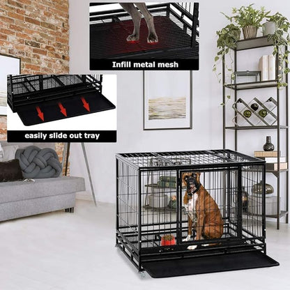 FDW Dog Crate Dog Cage Dog Kennel for Large Dogs Heavy Duty 48 Inches Pet Playpen for Training Indoor Outdoor with Plastic Tray Double Doors & Locks Design