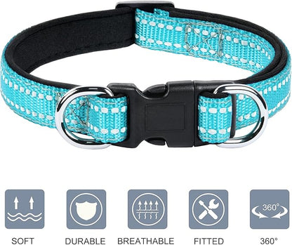 AUAUY Reflective Nylon Dog Collars, Adjustable Classic Pet Collars with Soft Neoprene Padding, Double Security Dual D-Ring and Quick Release Buckle for Small Puppy, Medium and Large Dogs (Lake Blue-L)