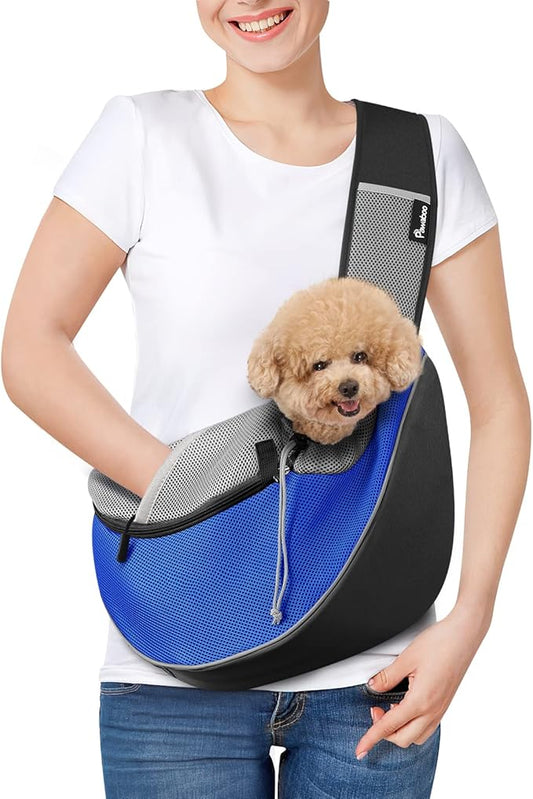 Pawaboo Dog Sling Carrier, Dog Papoose with Zipper Touch Pocket, Hand Free Breathable Mesh Puppy Carrier, Crossbody Satchel Dog Purse with Adjustable Strap for Outdoor Travel, Blue, Medium