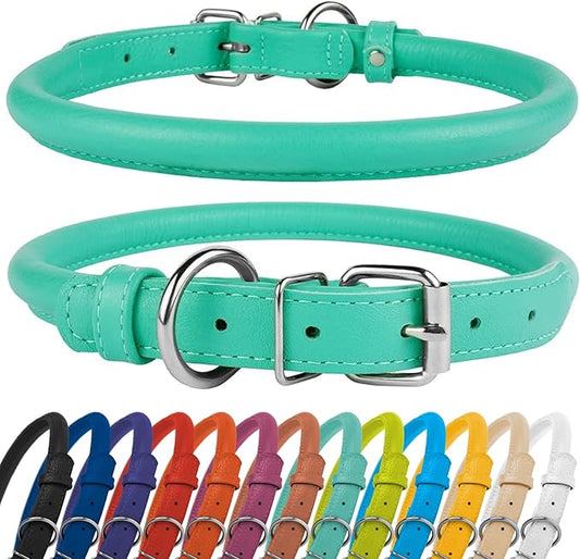CollarDirect Rolled Leather Dog Collar, Soft Padded Round Puppy Collar, Handmade Genuine Leather Collar Dog Small Large Cat Collars 13 Colors (15-19 Inch, Mint Green Textured)