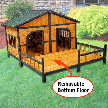 Wooden Dog House Outdoor Indoor, Double Dog Kennel Pet House with Window, Weatherproof Dog Houses with Porch, Double Room, Openable Asphalt Roof, Elevated Floor, Puppy Shelter for 2 Small Medium Dogs