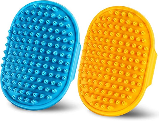 Dog Bath Brush | Dog Grooming Brush, Dog Shampoo Massage Bath Brush Comb with Adjustable Loop Handle for Grooming Short and Long Hair Cats and Dogs, 2pcs(Plum Brush Heads, Blue + Orange)