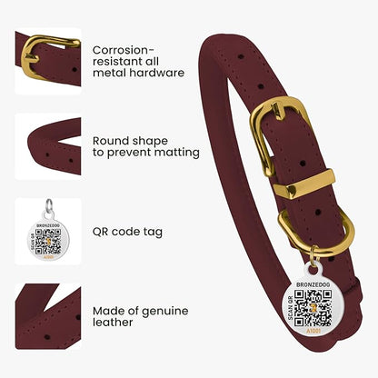 BRONZEDOG Rolled Leather Dog Collar with QR ID Tag Adjustable Soft Round Collars for Small Medium Large Dogs Puppy Cat (11" - 14 1/2" Neck Size, Burgundy)