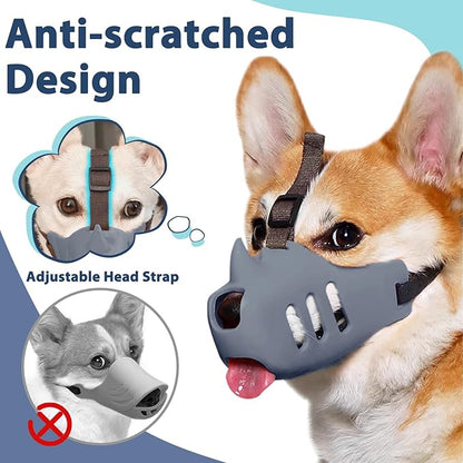 LUCKYPAW Dog Muzzle, Soft Muzzle for Small Medium Dogs Poodle Dachshund, Breathable Silicone Cage Mouth Cover to Prevent Biting Chewing, Funny Rhino Shaped Muzzle with Adjustable Head Strap(Grey,XL)