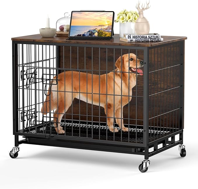2024 New Dog Crate Furniture, Chic 32.5" Medium-Sized Dog Crate with Dual Access, Seamless Cleaning, Interior Style Boost, Robust & Mobile Design for The Modern Pet, Rustic Brown