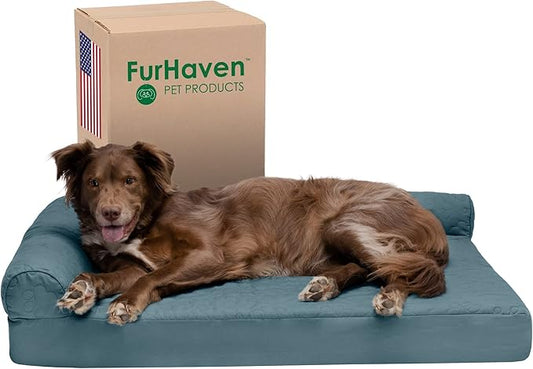 Furhaven Memory Foam Dog Bed for Large Dogs w/ Removable Bolsters & Washable Cover, For Dogs Up to 95 lbs - Pinsonic Quilted Paw L Shaped Chaise - Bluestone, Jumbo/XL