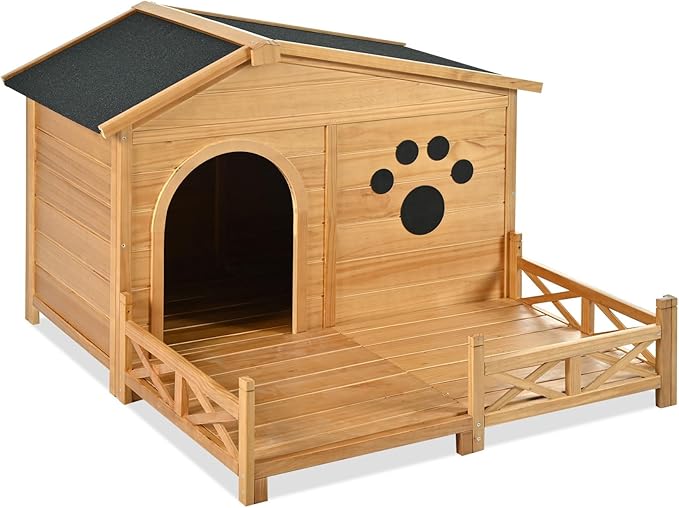 Merax 48" Wooden Dog House Outdoor, Medium Large Breed Outside Kennel with Porch, Paw Print, Weatherproof Asphalt Roof and Fencing
