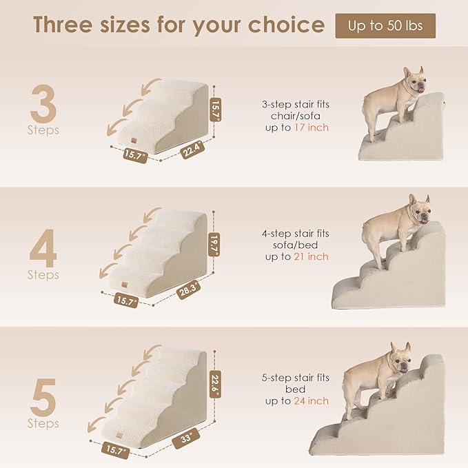 EHEYCIGA Curved Dog Stairs Ramp for Small Dogs 15.7" H, 3-Step Dog Steps for Couch Sofa and Chair, Pet Stairs for Cats, Non-Slip Balanced Pet Steps Indoor, Beige