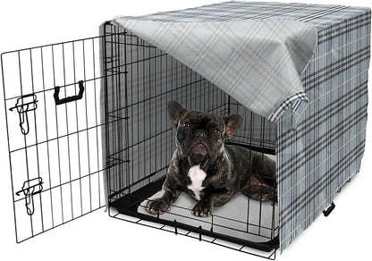Lunarable Plaid Dog Crate Cover, Traditional Vintage Pattern with Modern Look Checkered Pastel Colored, Easy to Use Pet Kennel Cover for Cats & Medium Dogs, 24 Inch, Pale Blue Dimgray Cream