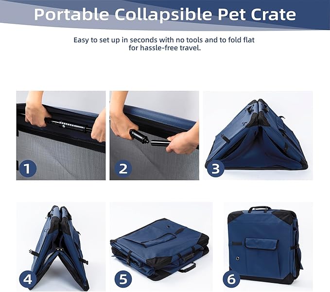 Pettycare 36 Inch Collapsible Dog Crate with Curtains Travel Dog Crate for Airflow and Calm Soft Pet Kennel with Portable Bag and More Chew Proof Mesh Indoor & Outdoor Navy Blue 4 Door Curtains