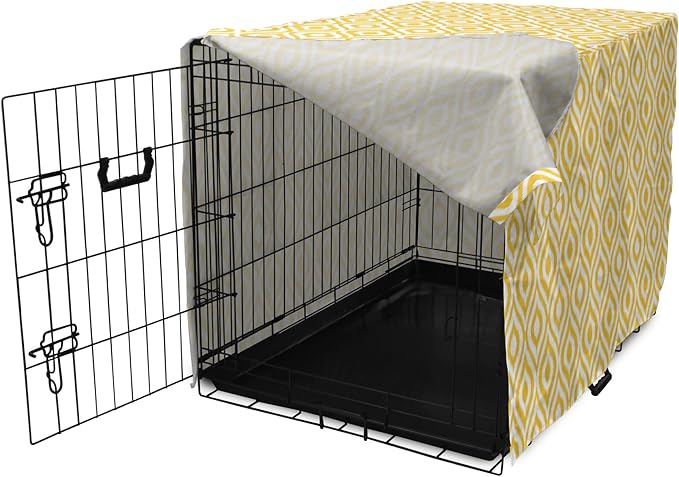 Lunarable Yellow Dog Crate Cover, Geometric Pattern with Ogee Shapes Waves and Curves Design Modern Boho Print, Easy to Use Pet Kennel Cover for Cats & Medium Dogs, 30 Inch, Yellow and White